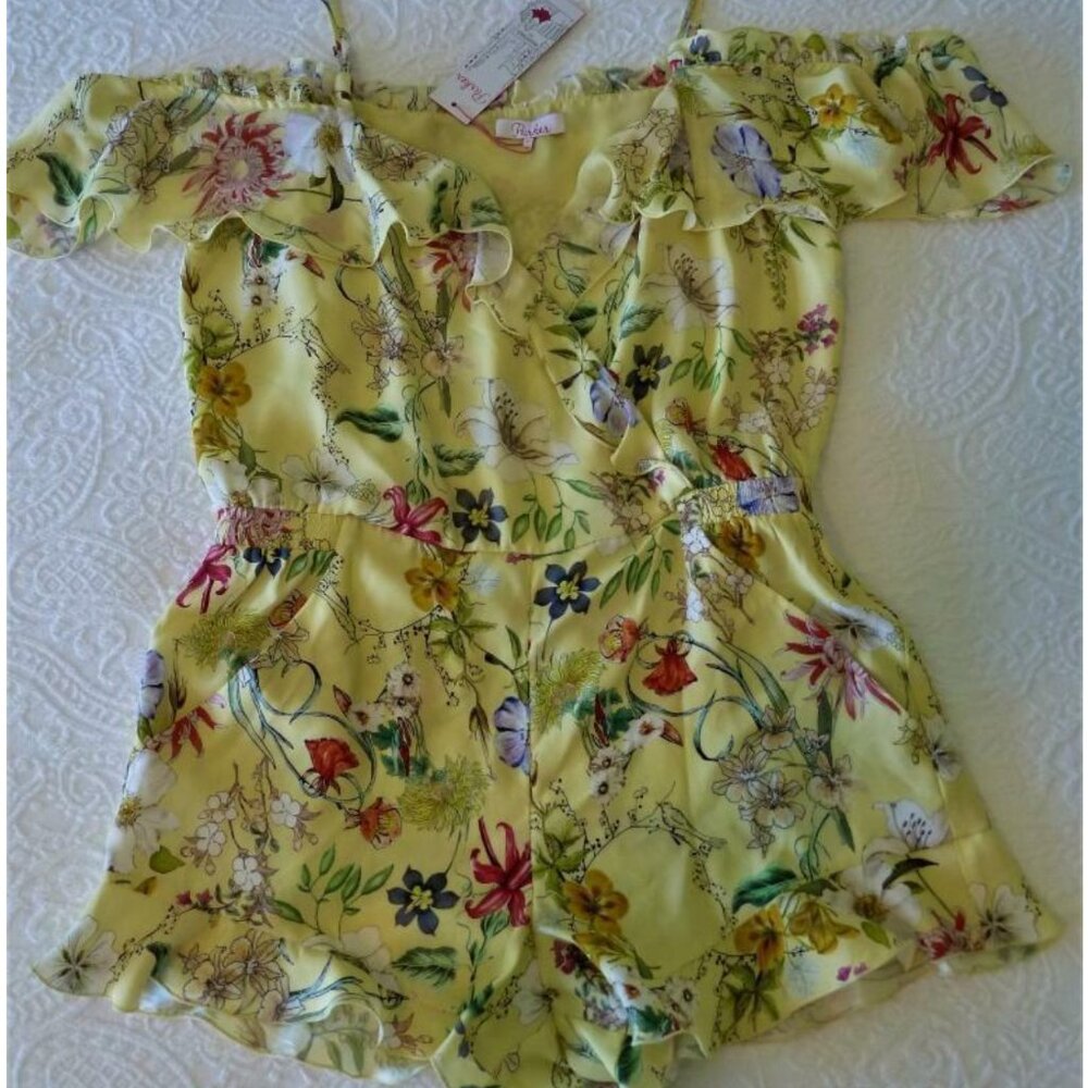NWT Parker Yellow Cold-Shoulder Floral Ruffled Romper. Size XS. ($298 MSRP)